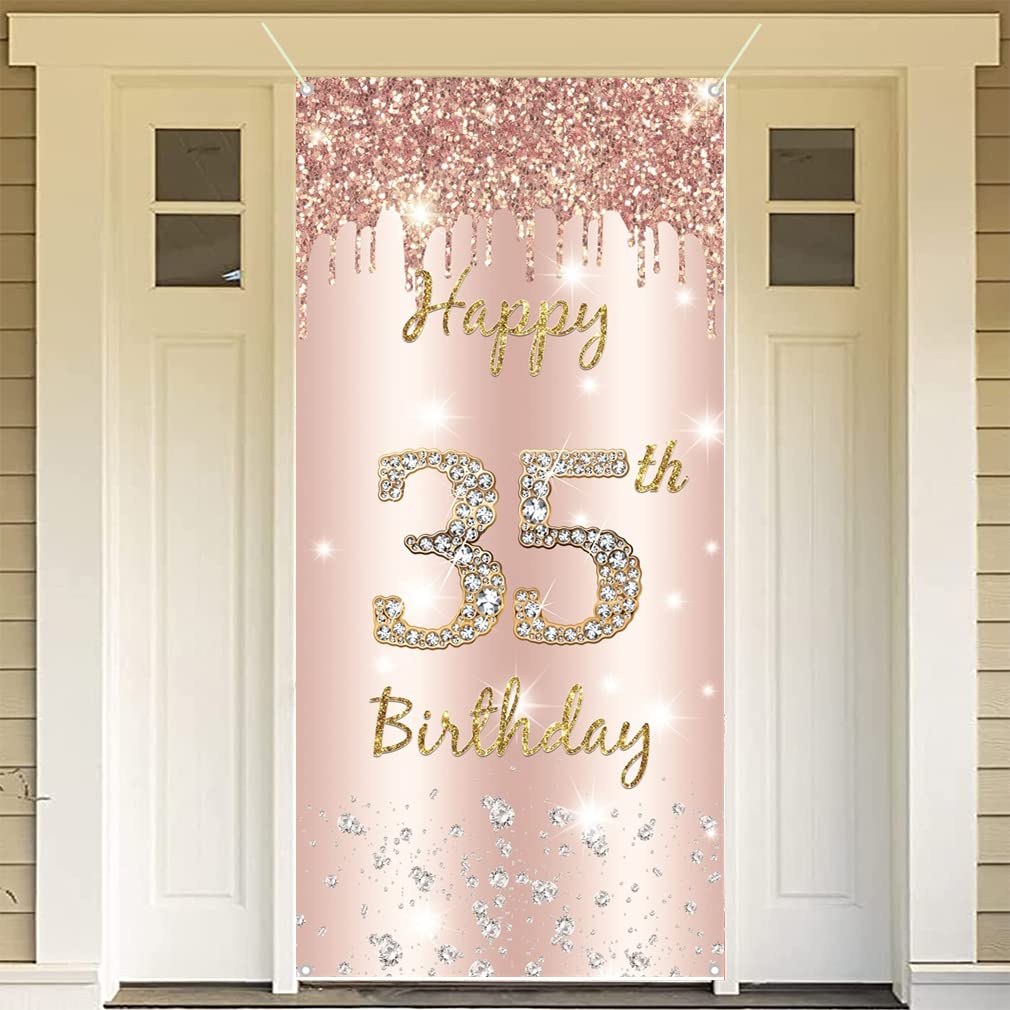 35. urodziny kobiety dekoracja, Happy 35 Birthday Door Banner Różowe złoto, 35. urodziny materiał szyld plakat dekoracja drzwi, 35. urodziny tło baner kobiety, impreza urodzinowa tabliczka powitalna