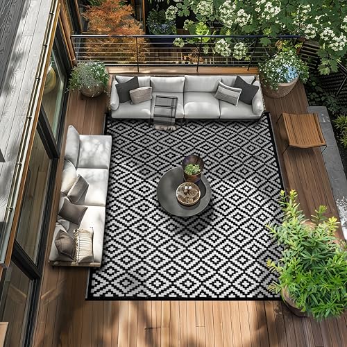 Green Decore Reversible Nirvana Outdoor Rug, Waterproof, Fade Resistant, Modern Large Floor Mats for Patios,Decks, Garden and Outdoors, Beach, Camping, Picnic - (Black/White, 9 X 12 ft)