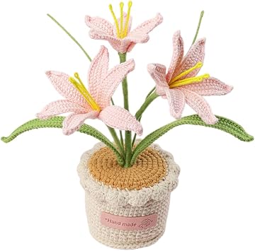 Crochet Lily Flowers Pot, Beautiful Handmakde Artifical Crocheted Floral Potted Plant for Table Office Wedding Rustic Centerpiece Home Decor, Women Girls Gift Pink