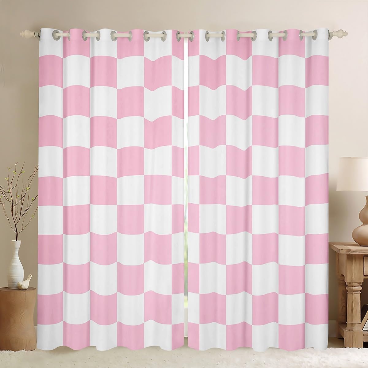 Castle Fairy White Grid Curtain,Square Lines Draperies for Boys Girls Teens,White Black Checkered Window Treatment Curtains Home Decor,Modern Simple Window Drapes for Living Room Bedroom,42Wx63L