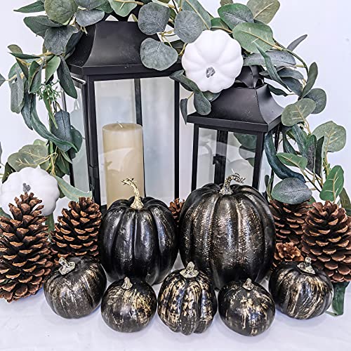Image of Winlyn 7 Pcs Assorted Artificial Gold Brush Black Pumpkins Rustic Decorative Halloween Faux Foam Pumpkins for Fall Halloween Thanksgiving Tabletop Centerpiece Mantel Kitchen Decor