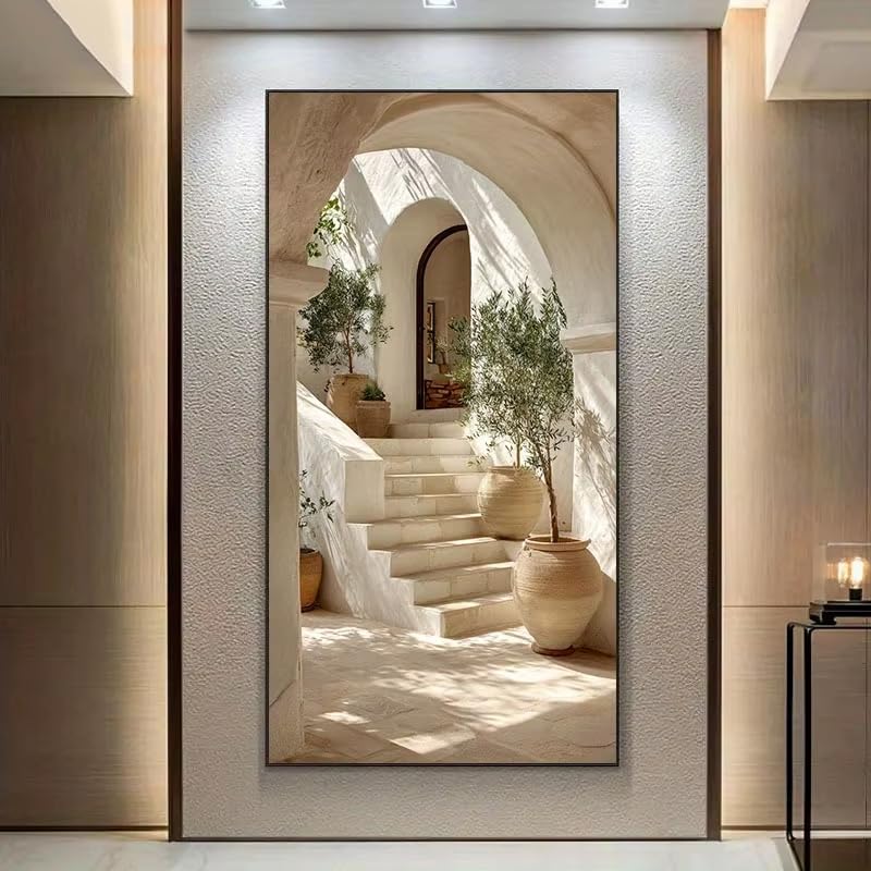 Lienzo con diseño de olivo mediterráneo de gran tamaño y escalones, moderno paisaje isleño en beige y blanco, póster artístico para pared para decoración del hogar 100x200cm/39x79in Sin marco