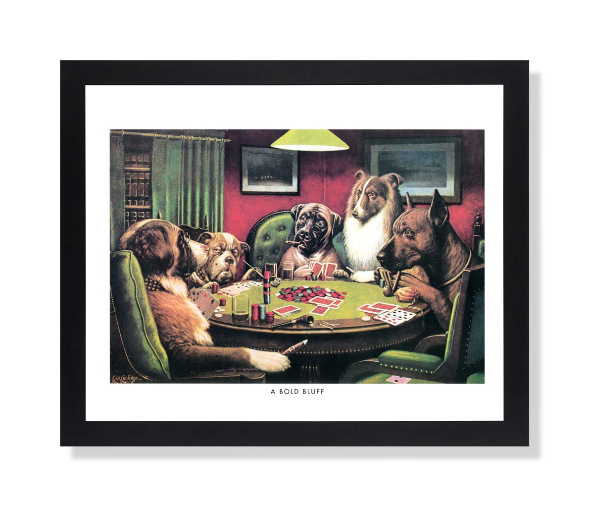Solid Wood Black Framed Coolidge Dogs Playing Poker at Table A Bold Bluff #4Animal Pictures Art Print