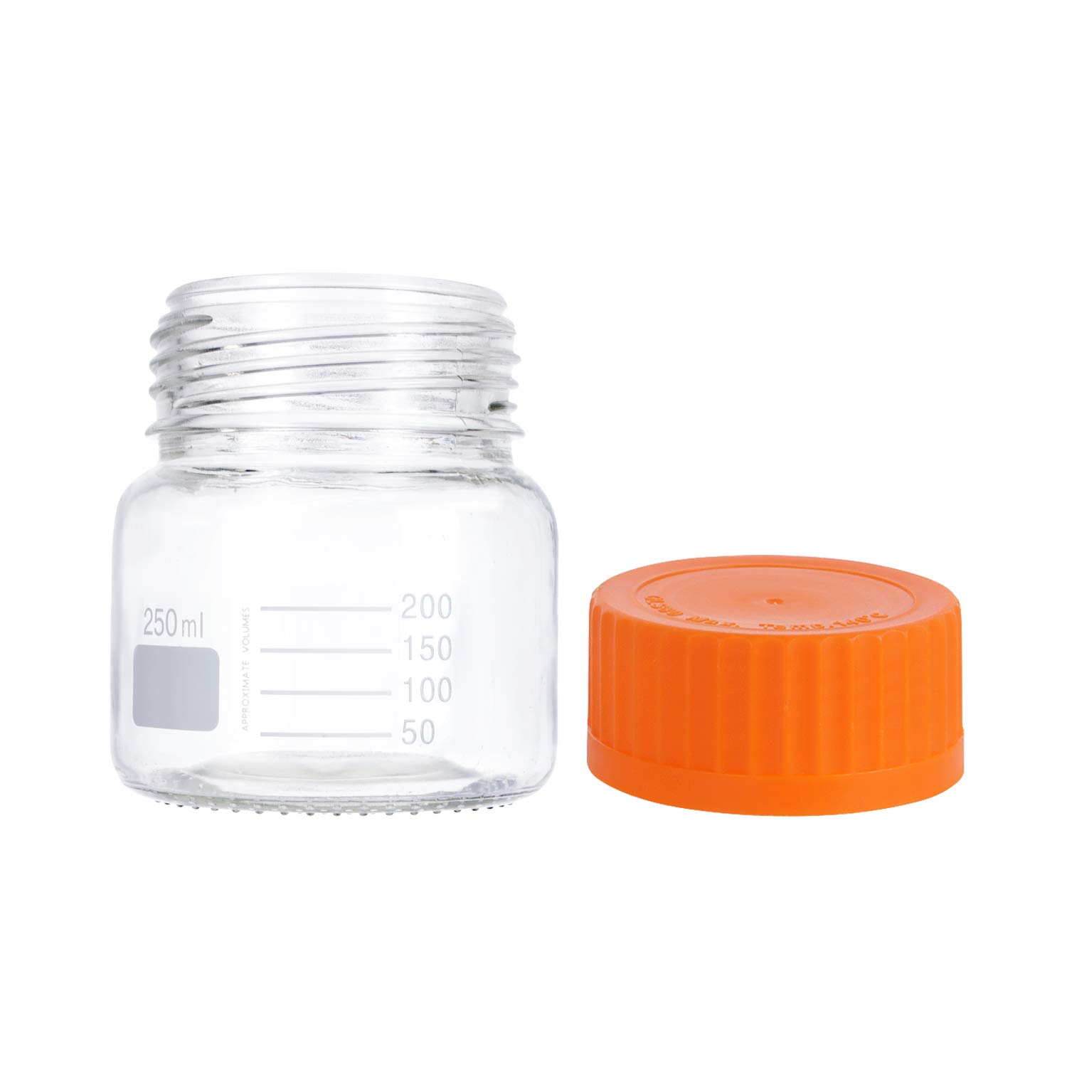 Pyrex - Paquete de 6 botellas de vidrio redondas graduadas de boca ancha de 250 ml con tapón de rosca de polipropileno naranja GL80