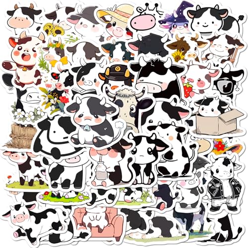 Black and White Cow - Set di 50 adesivi per bambini e adolescenti, impermeabili, in vinile, per laptop, skateboard, valigia, casco, auto, bicicletta, moto, bicicletta, scrapbook e regalini, tazze