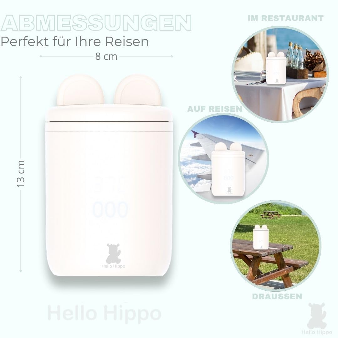 Hello Hippo - Kompakter und tragbarer Flaschenwärmer: USB-C wiederaufladbar, auslaufsicher, kompatibel mit Philips Avent, MAM, NUK | 4 einstellbare Temperaturen | schnelles und effizientes Aufheizen