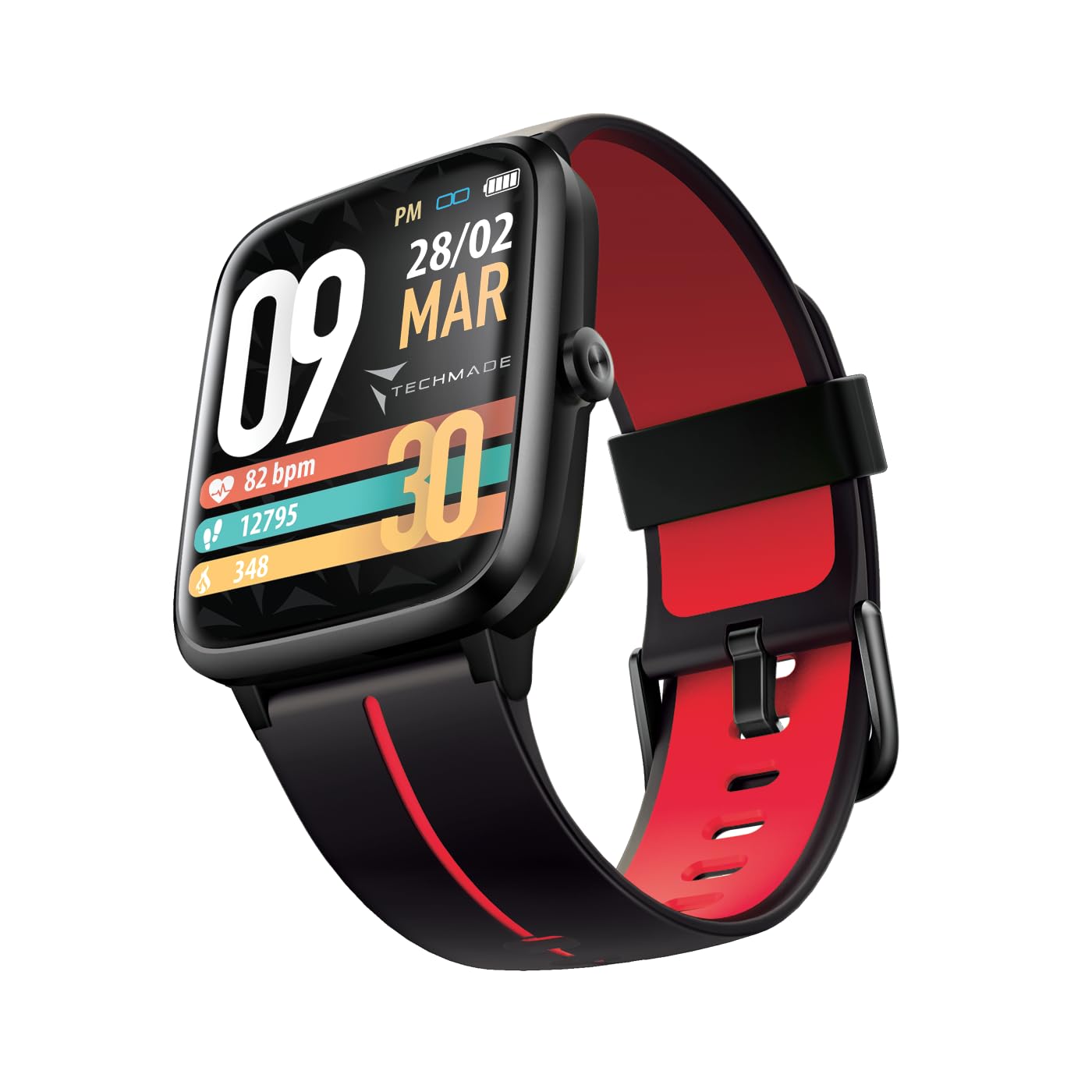 TECHMADE MOVE Smartwatch Unisex con Contapassi, Frequenza Cardiaca, Sonno, Sport CON GPS INTEGRATO, per attività in door e out door | Android e iOS (cinturino nero con riga rossa)