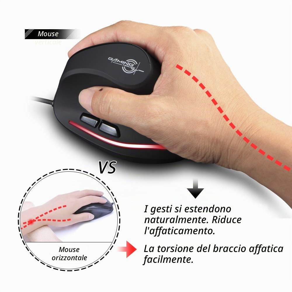 zelotes Mouse Verticale Cablata, 3200DPI,6 Pulsanti,Protegge Il Braccio,Illuminazione a LED,Design Ergonomico,Mouse con Filo Ottico USB per PC,Laptop,Mac,Nero