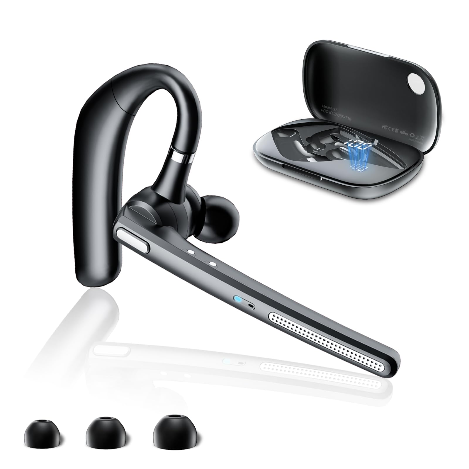 Bluetooth Headset V5.3, Wireless Earpiece with 500mAh Charging Case Hand-Free Headphones Noise Canceling Mic for Office/Driving/Business