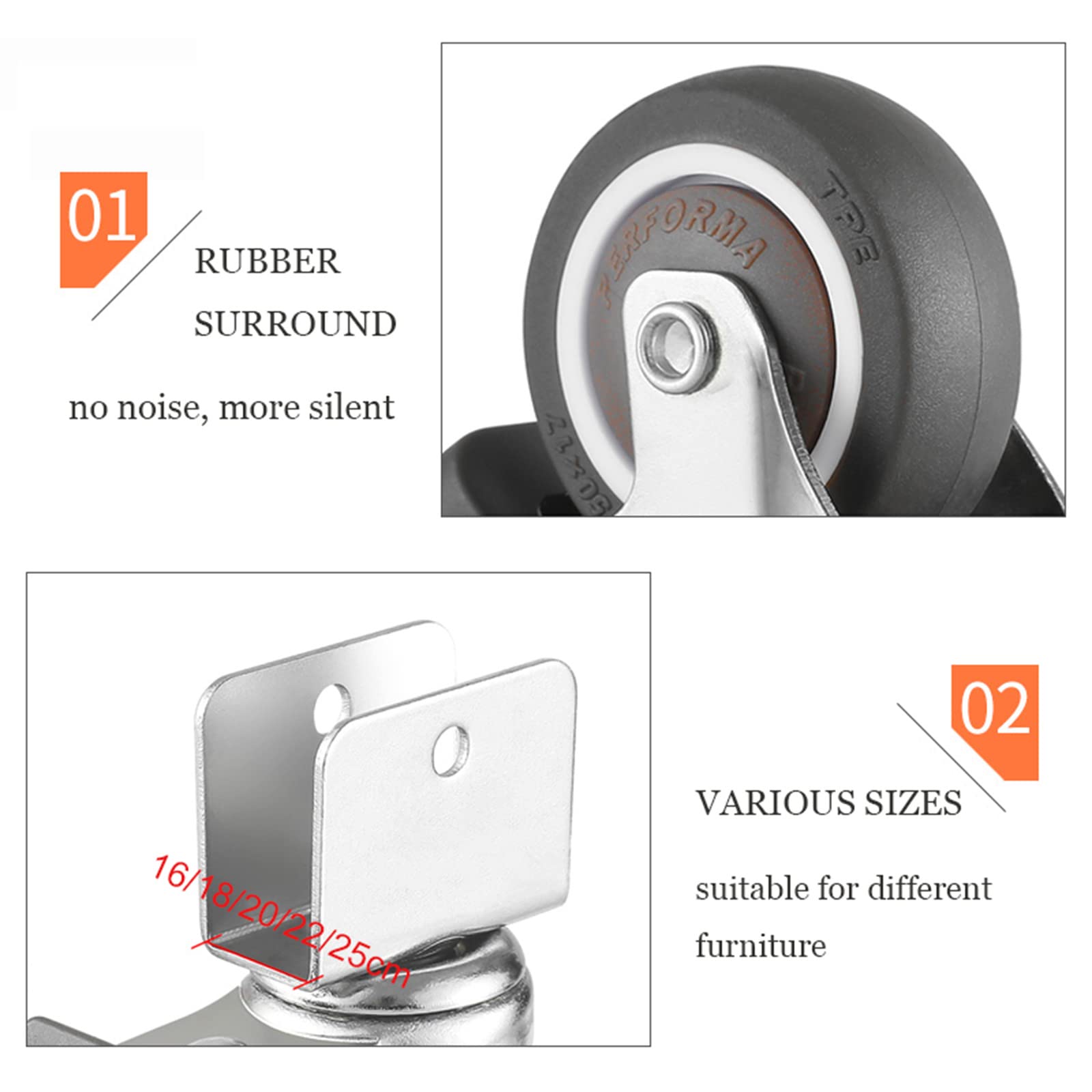DLLY Möbelrollen, 50 Mm Universal-lenkrollen, Kleine Rollen Mit Kugellager, Leise Gummi-schwenkrollen Für Kinderwagen/Kinderbett, Mit Bremse,4brakes-22mm/0.86in