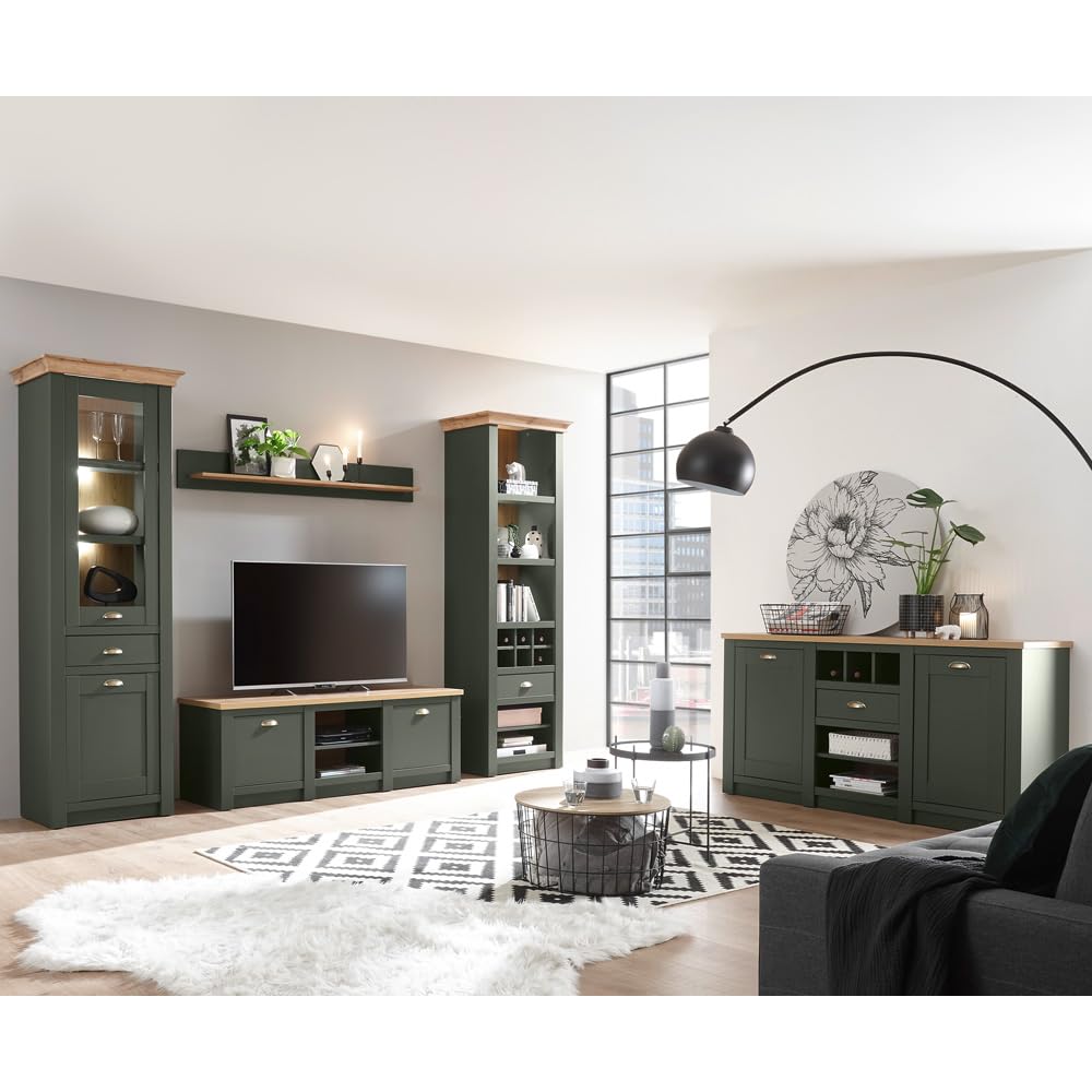 Lomadox Landhaus Wohnwand Set mit Anrichte, grün mit Wotan Eiche, mit Beleuchtung, Regalschrank, Standvitrine, TV-Lowboard, Wandregal und Sideboard