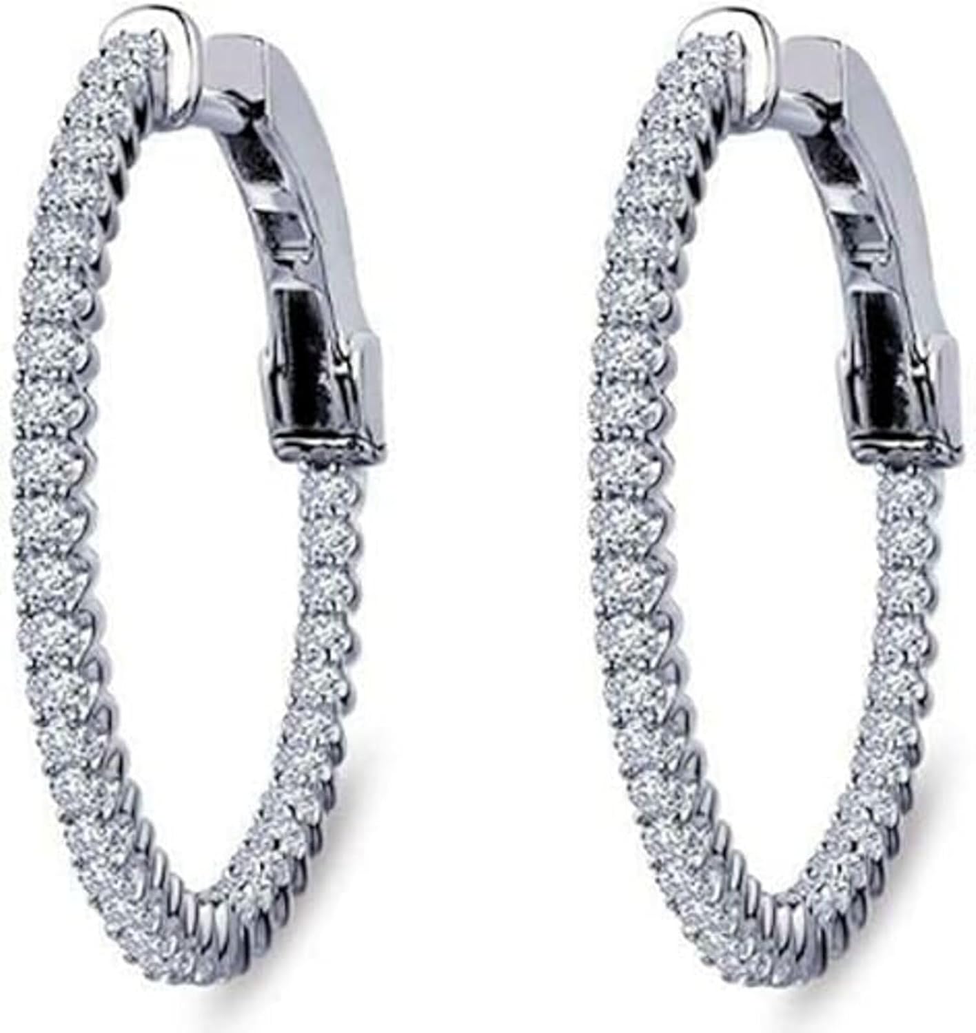 Diamond In-Out Hoop Earrings, 14K White Gold, 4-5ct Natural Diamonds, 2mm Round Brilliant Cut, Special Occasion