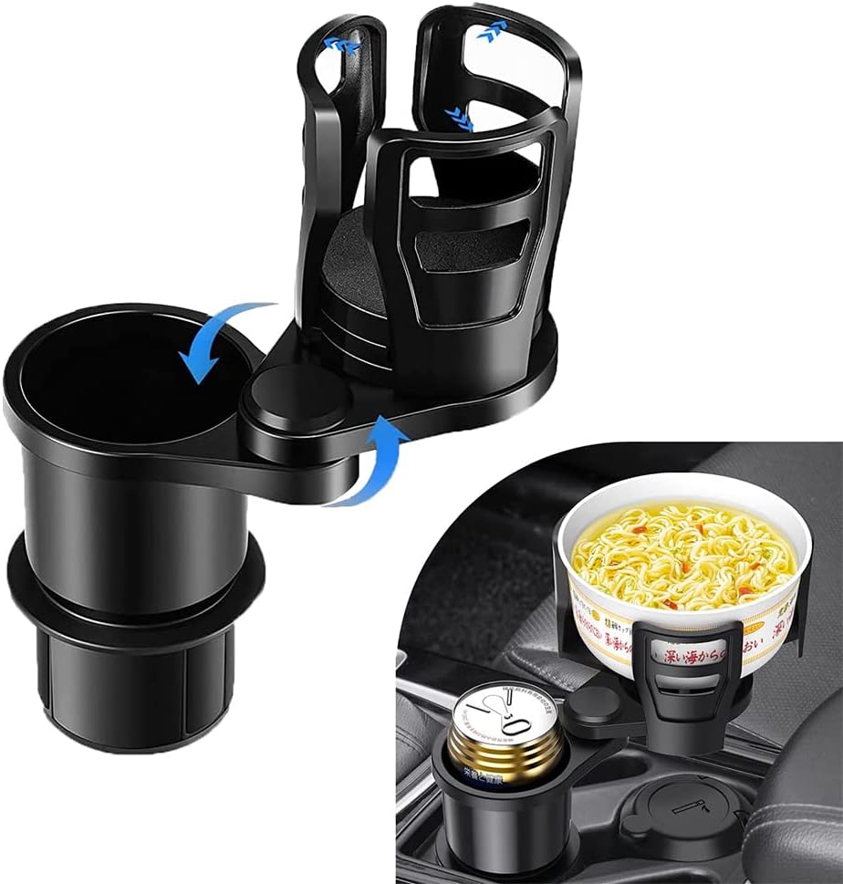 Dual Car Cup Holder Expander Adapter 2 in 1 Universal Multifunctional 360 Degrees Rotating Adjustable Base Insert Drinks Organizer Automotive Multi Cupholders Compatible for Most Vehicles