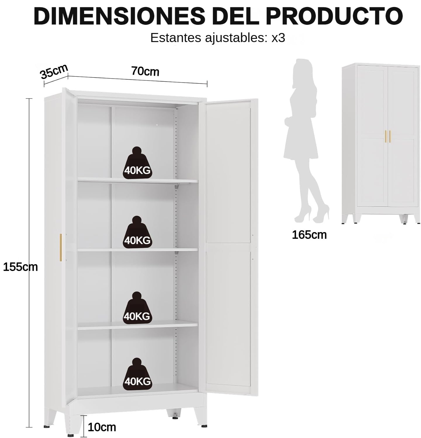 Armario Metalico Alacena, Aparador Comedor de Metal, Armario Cocina Almacenaje con Estantes Regulables, Área culinaria, Salón, 35x70x155cm, Blanco