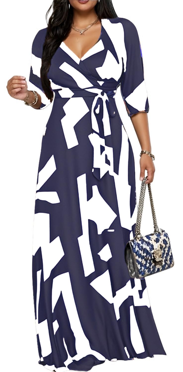 Women's Church Maxi Wrap V Neck 3/4 Sleeve Tie Waist Plus Size Long Dress