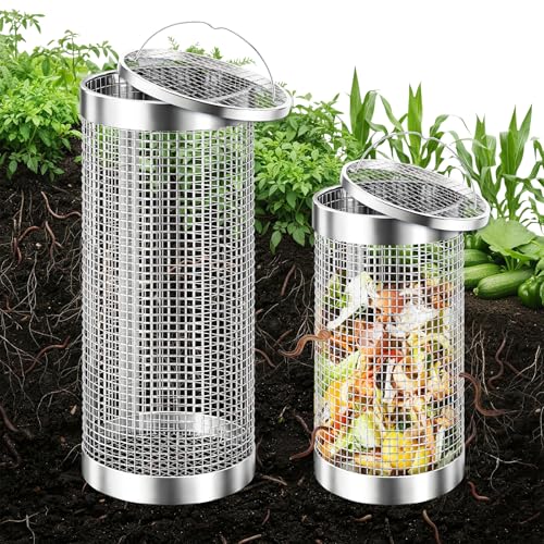 2 Pack Worm Composter Worm Bin Stainless Steel Inground Compost Bin with Handle Metal Worm Composting System for Kitchen Food Waste Recycling Outdoor Garden Vermicomposting Bin w/Lid Easy Install