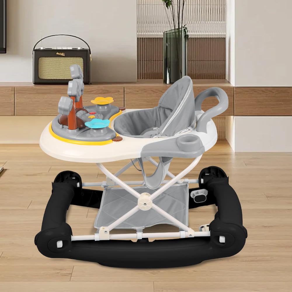 5 in 1 Passeggino per neonato, girello per bambini, scatola per la musica del fumetto rimovibile, cappuccio girevole a 360 gradi, maniglia di spinta alta, gioco per bambini 6 mesi e 67 x 72 x 92 cm