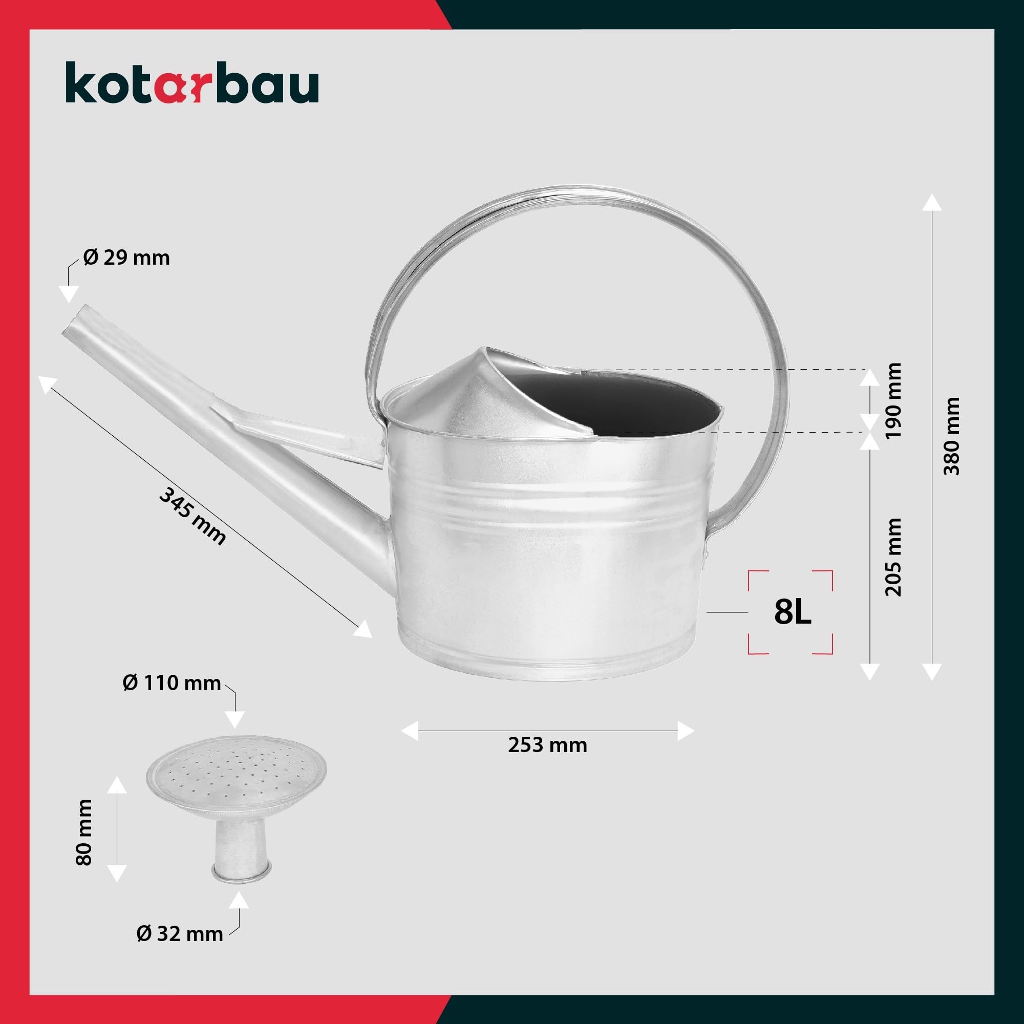 KOTARBAU® Annaffiatoio - Acciaio Zincato - 8 L - Innaffiatoio - Argento - Annaffiatoio Giardino - Con Doccia Rimovibile - per Esterno e Interno - Resistente alla Corrosione