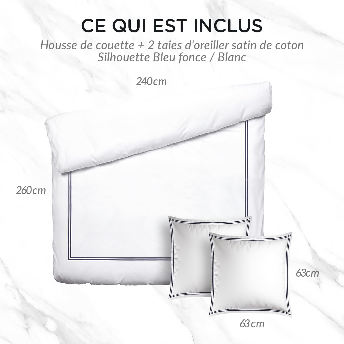 Parure de lit 3 pièces - Housse de Couette 260x240 + 2 taies 63x63 - Satin de Coton TC200 - Fermeture éclair - Oeko-TEX® - Silhouette - Bleu foncé/Blanc