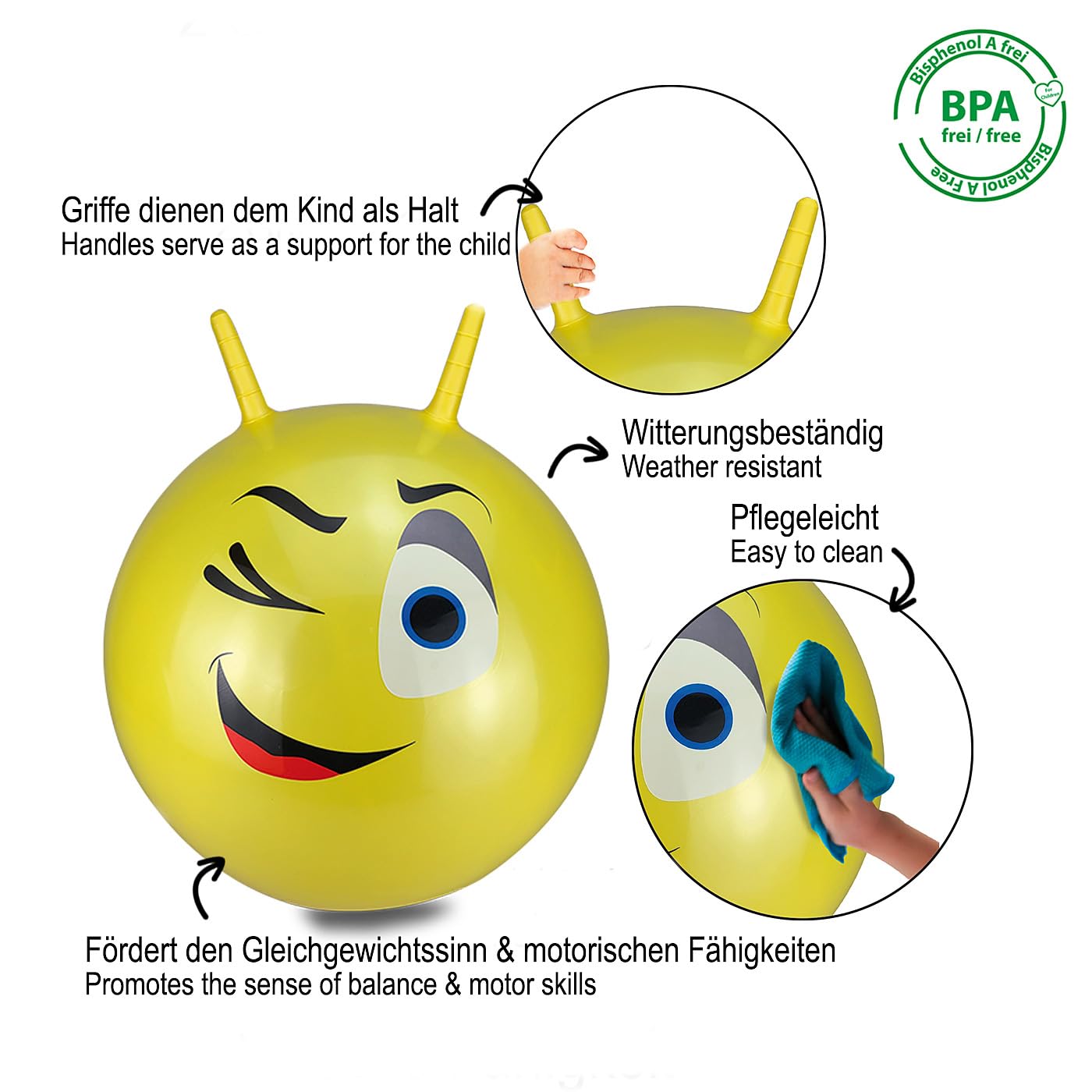 Jamara 460459 - Palla per saltare Eye giallo 550mm - Sviluppa equilibrio e capacitá motorie, Robusta, Resistente, Facile da riporre