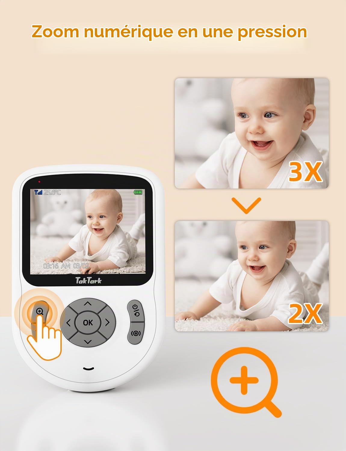 TakTark Babyphone caméra [2.8 pouces/720p IPS Babyphone] caméra bébé sans WiFi/app, 1000ft Long Range, 750mAh Battery, 2-Way Talk, VOX, 3×Zoom, Night Vision, Temperature Monitoring, Lullabies