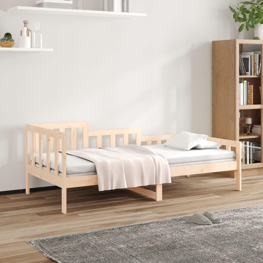 Solid Pine Wood Day Bed Frame 90x200 cm, 3-Sided Rails & Slatted Base for Airflow, Multipurpose Sofa Bed with Extra Storage Space, Durable Guest for Living Room or Bedroom.