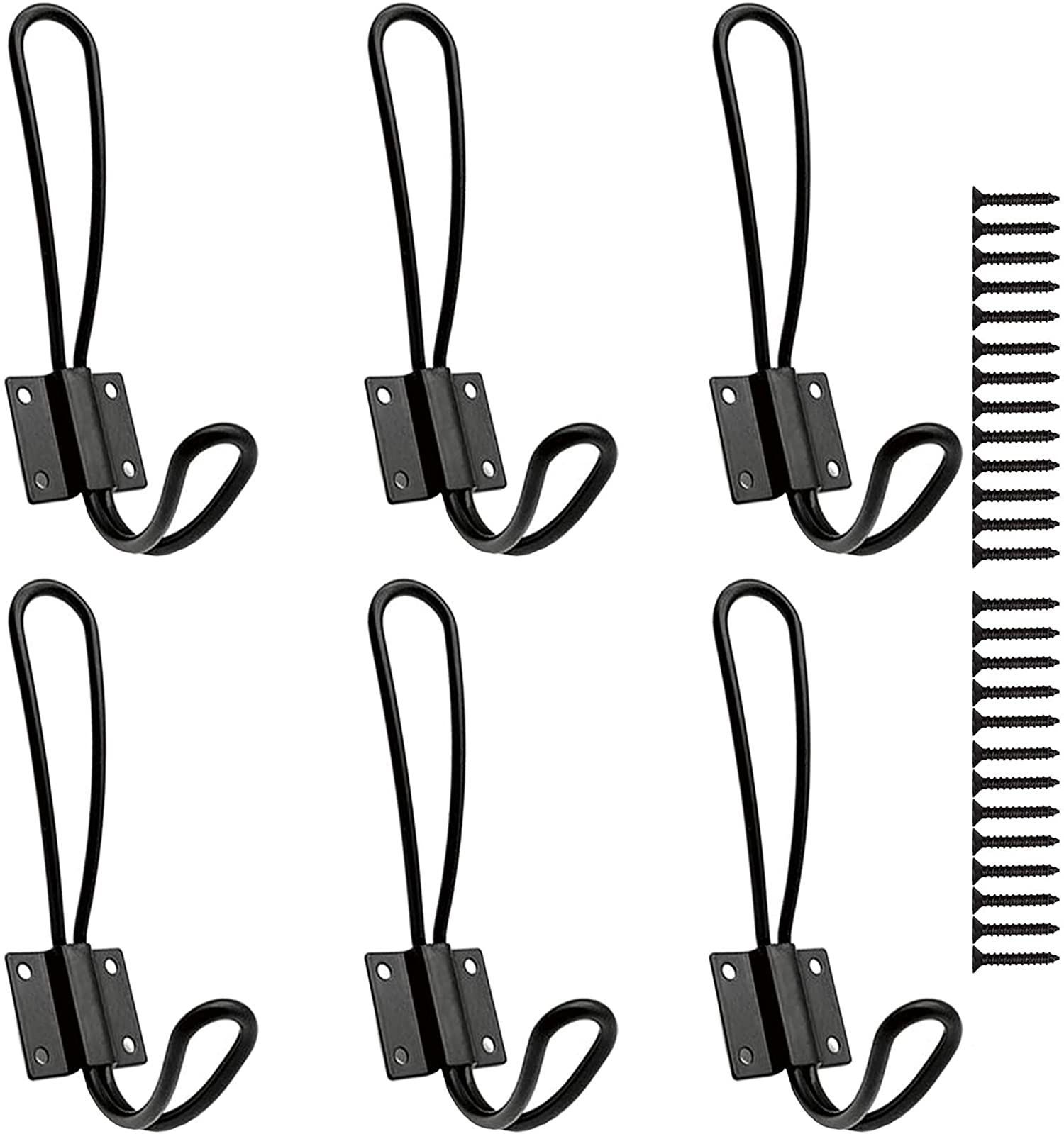 ELECDON Rustic Entryway Hooks-6 Pack Farmhouse Hooks with Metal Screws Included, Black Decorative Wall Mounted Rustic Coat Hooks Rack, Double Vintage Organizer Hanging Wire Hook Clothes Hanger
