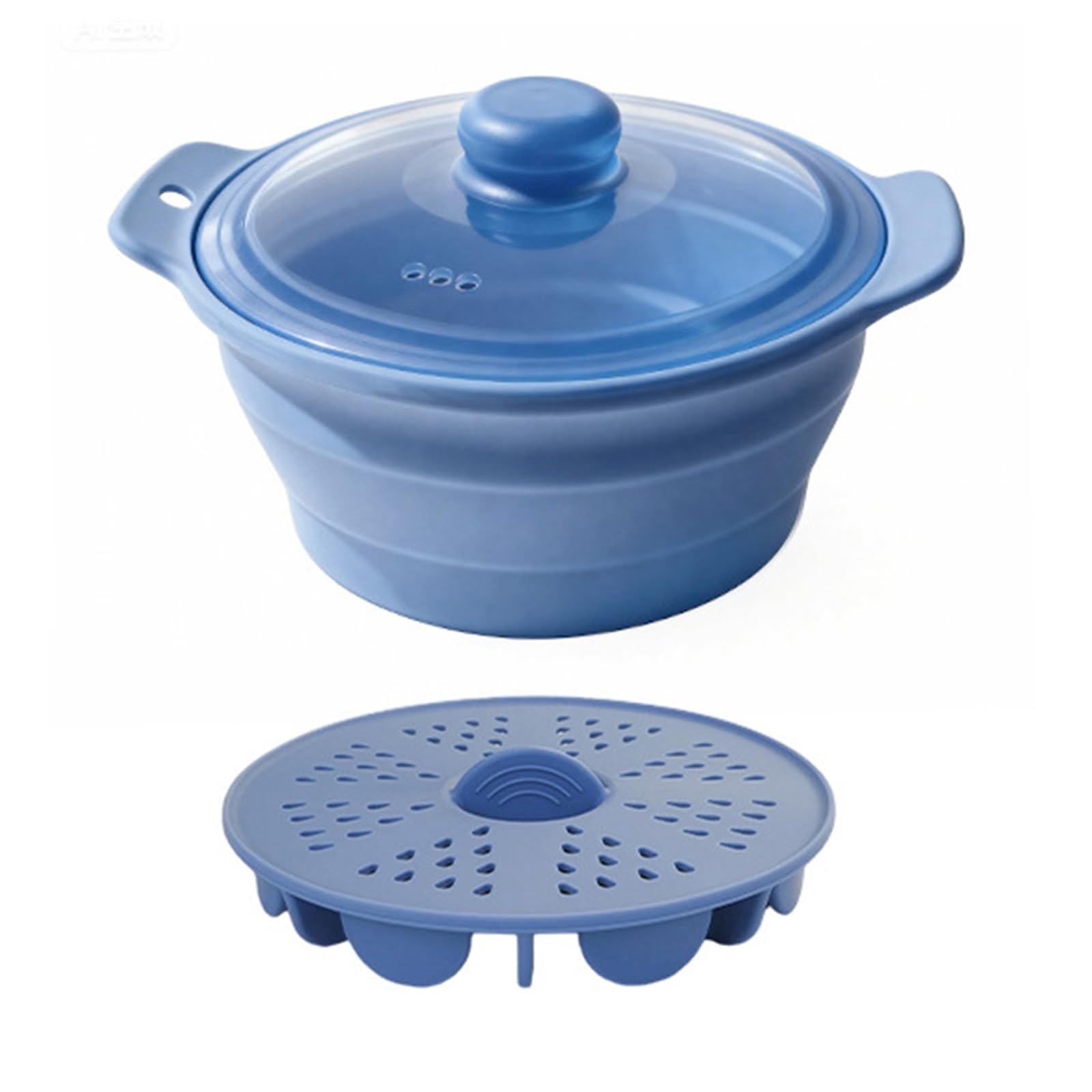 Kalttoy Navy Blue Foldable Silicone Small Steamer Cooker With Basket For Microwave Perfect For Vegetables Eggs Rice 42Oz Pots Collapsing Food Steamer