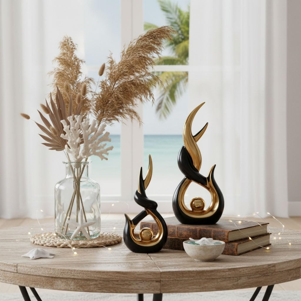 Set di 2 statue astratte in ceramica dorata, stile astratto, stile moderno, arte astratta, decorazione per la casa, mensola da caminetto su mensola unica, divisorio per mobile TV, tavolo e tavolo da