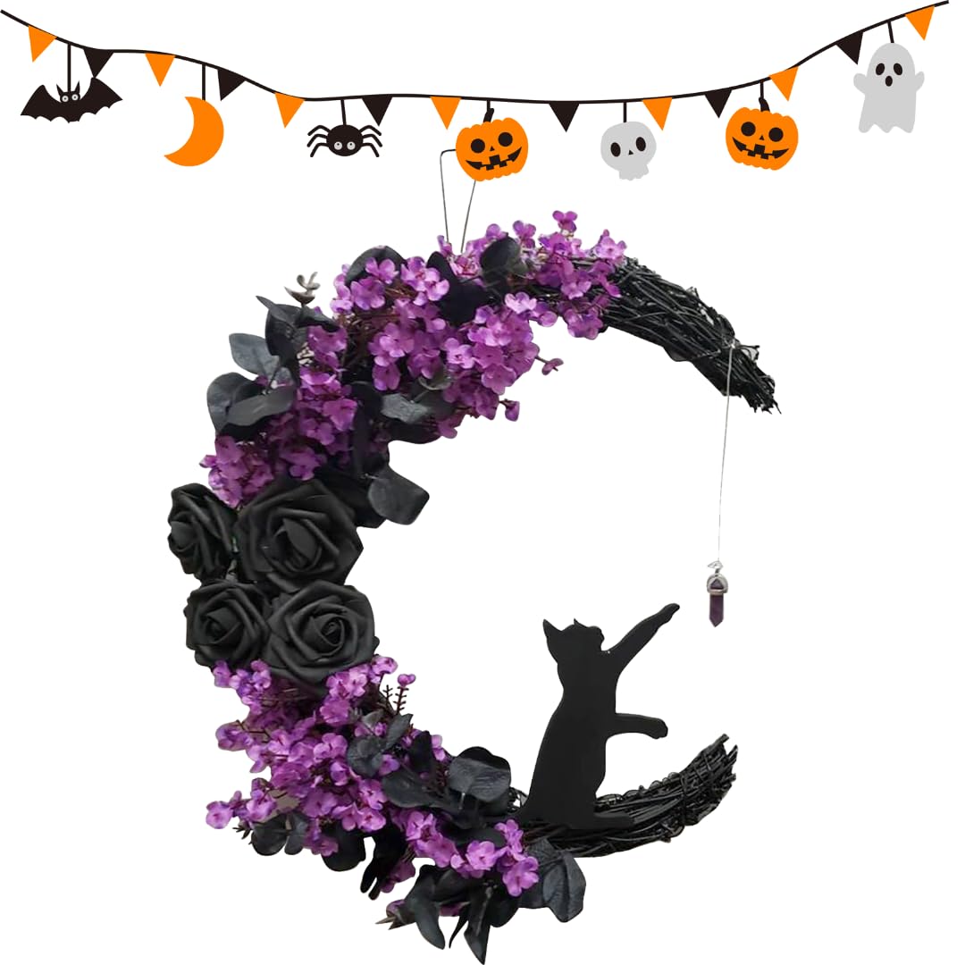 Halloween Wreaths for Front Door Halloween Moon Wreath with Black Cat Grapevine Wreath Halloween Cat Door Wreath Horror Decorations for Home Party Window Wall Indoor Outdoor