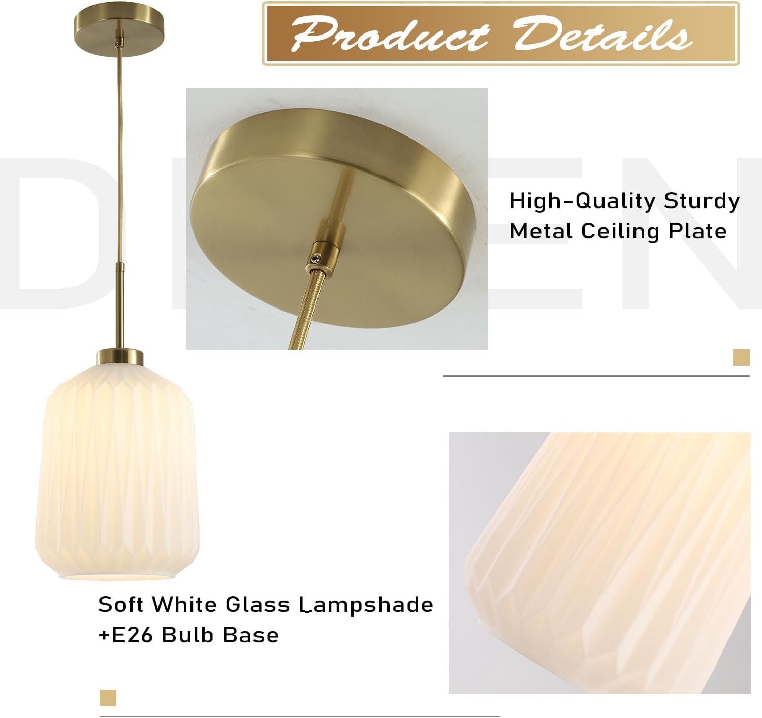 Modern White and Gold Pendant Lights Kitchen Island Mid Century Single Milk Glass Pendant Light Fixture Adjustable Vintage Brushed Brass Ceramic Hanging Light for Dining Room Bedroom