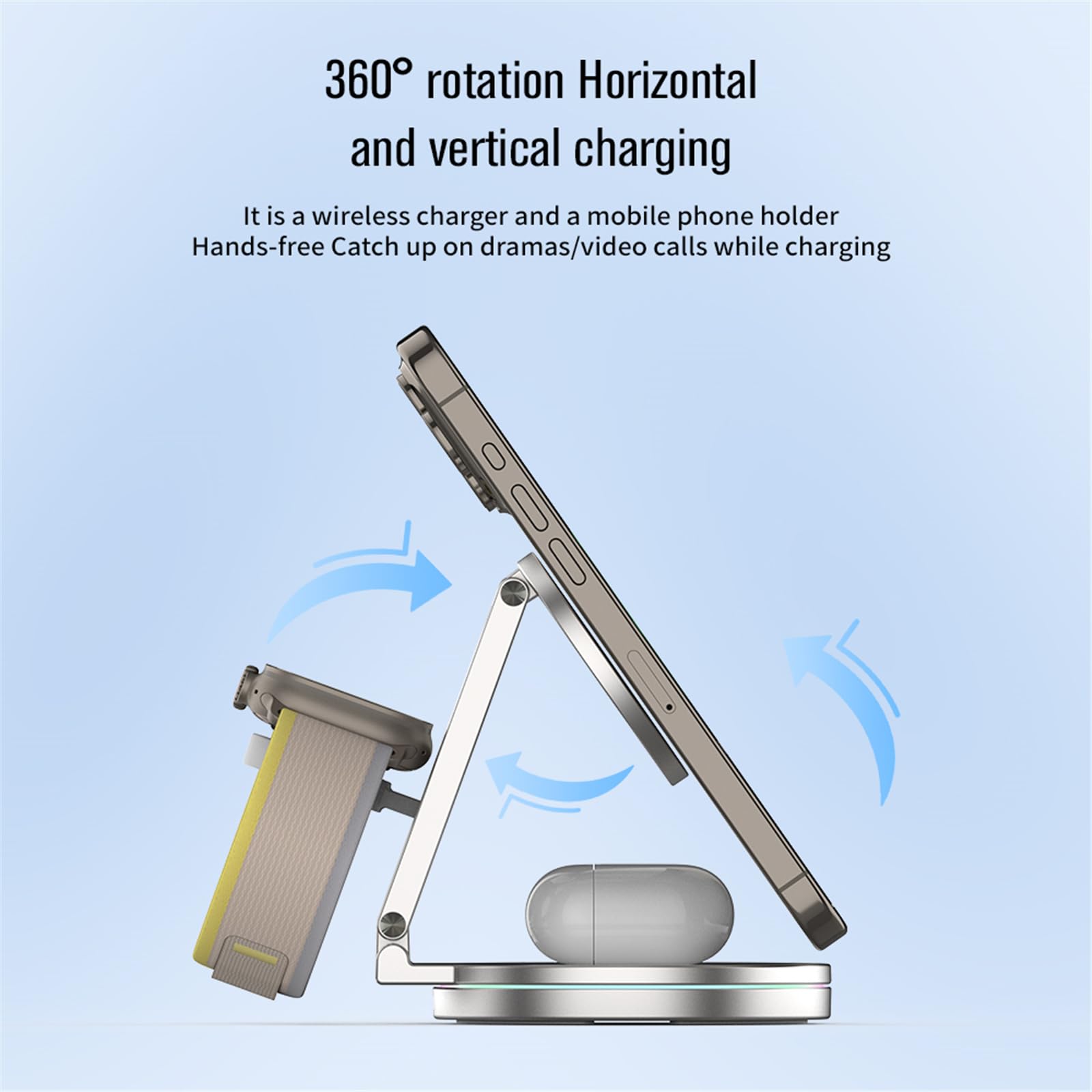 Support de charge rotatif en métal pour téléphone et montre connectée - Fonction 3 en 1 - Lumière à gradation automatique - Station de charge compacte et pliable