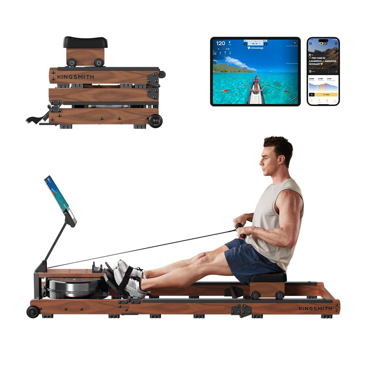 KINGSMITH Water Rowing Machines for Home, 400 LBS Row Machine Foldable with Monitor, Rotatable Device Holder, APP Supported for Water Rowers for at Home Exercise