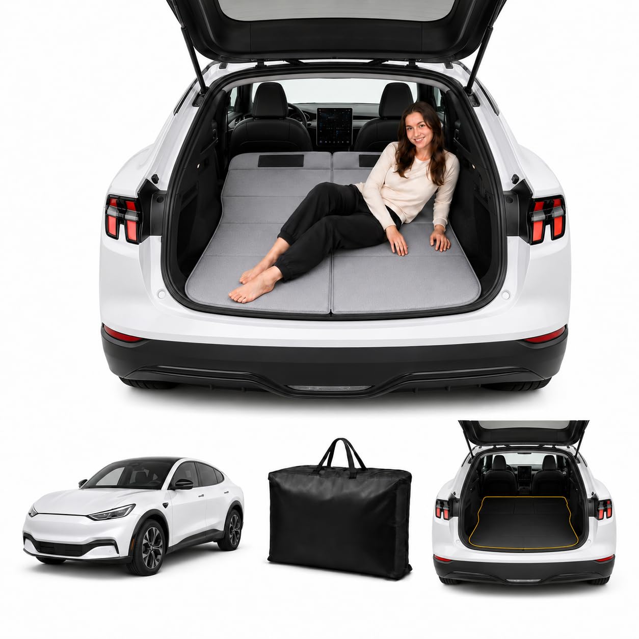 Car Mattress for Mustang Mach-E 2021–2026, Upgraded Non-Inflatable Thickened Foam SUV Car Camping Mattress, Foldable Trunk Sleeping Pad Car Bed Mattress for Road Trips Camping Travel