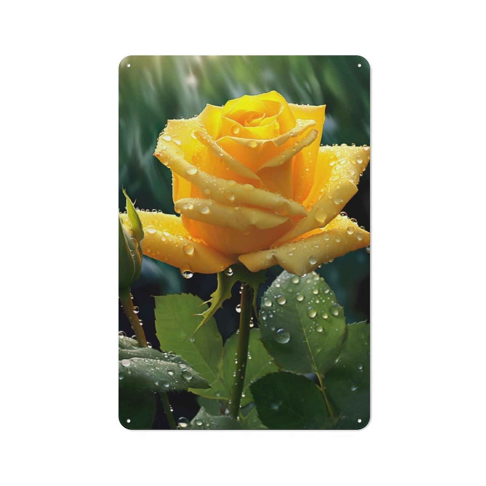 Junmoney Yellow Rose With Raindrops Metal Sign 30X20cm With For Workshop Wall, Rustic Decor, For Garage, Workshop And Man Cave Decoration