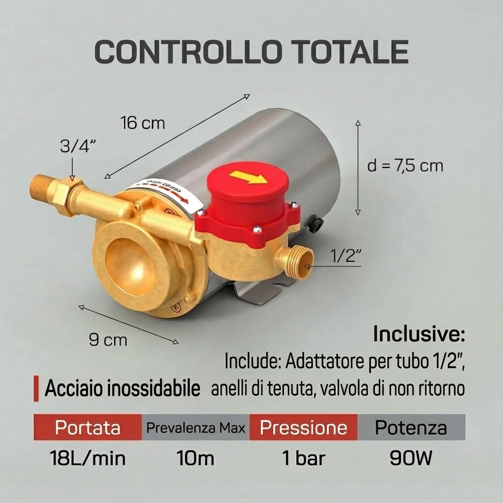 Nordstrand 90W Pompa Doccia – Aumento Pressione Acqua 240V | Pompa Elettrica In Linea in Acciaio Inossidabile | 1 Bar, 18 L/Min | Automatica/Manuale | Per Acqua Calda (fino a 80°C) & Fredda
