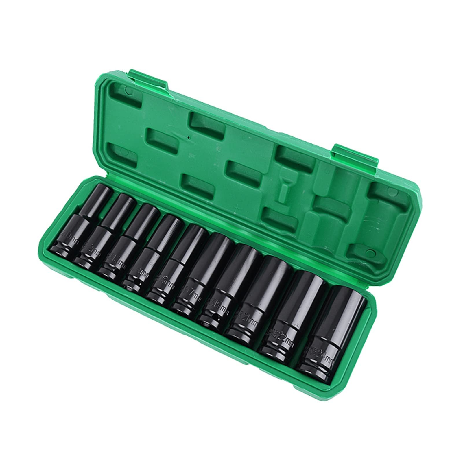 Set di chiavi a bussola a impatto profondo, 1/2", esagonali metriche da 10-24 mm, 10 pezzi, in acciaio al carbonio, con custodia rigida