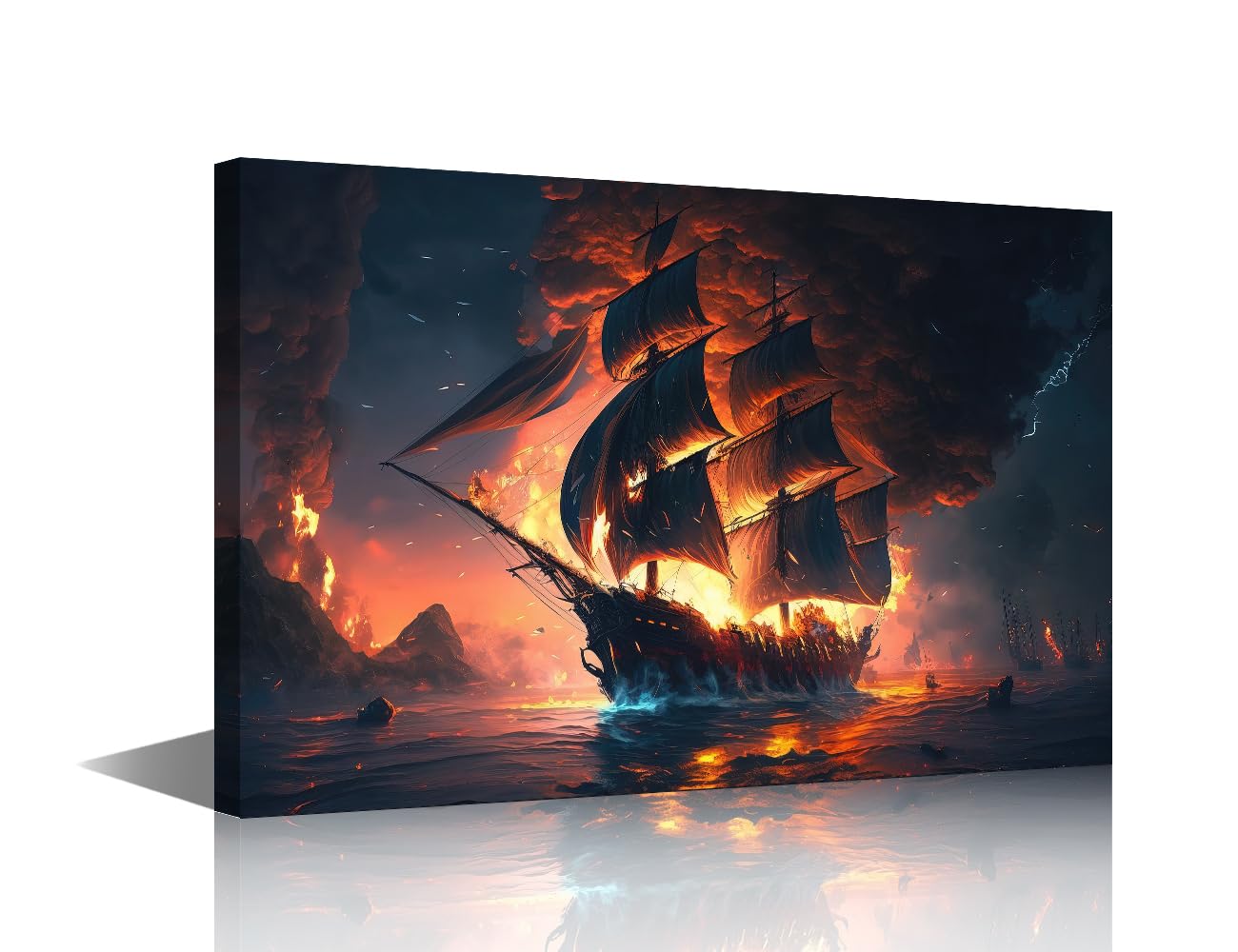 Nautical Wall Art Painting Ghost Ship Bedroom Living Room Wall Decor Medieval Pirate Ship in the Sea with Fire Framed Modern Pictures Canvas Prints Artwork for Bathroom Office Decorations 18x12 in