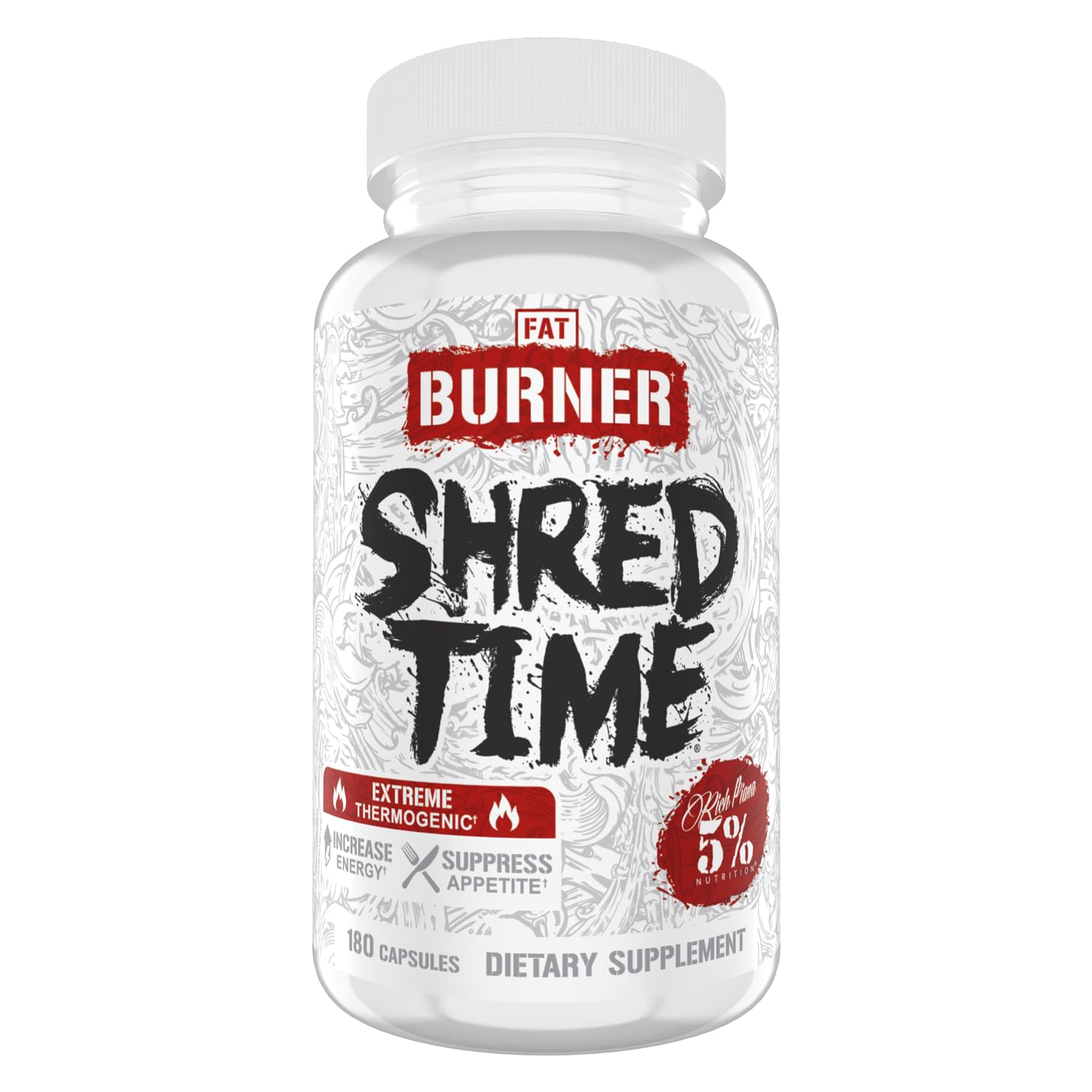 5% Nutrition Shred Time Fat Burner | Green Tea, Coffee Bean, Cayenne, Theobromine, GBB | Appetite Suppression | 30 Servings (180 Capsules)