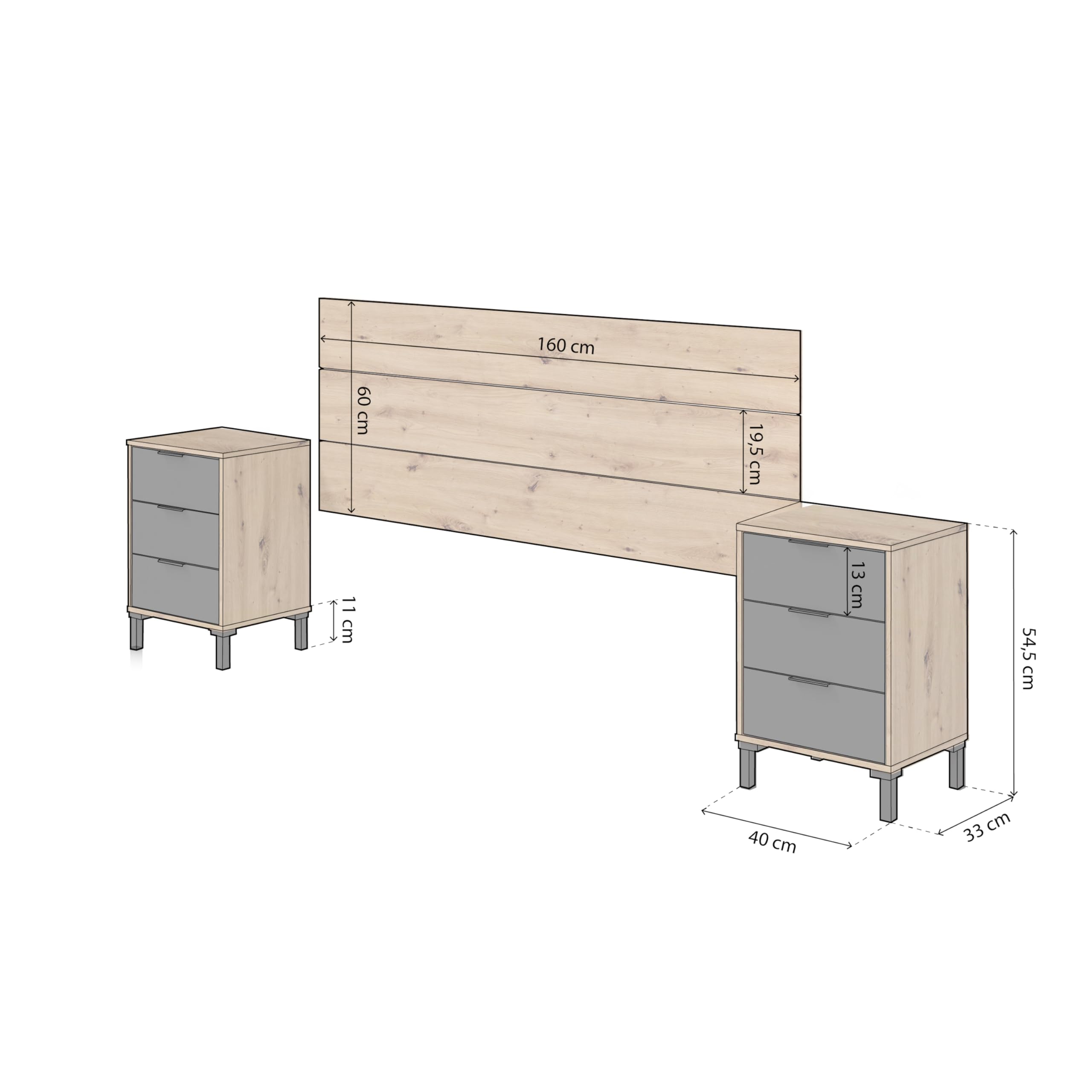 duehome | Cabecero y 2 mesitas de Noche, Cabecero Cama de Matrimonio, Modelo Luke, Acabado en Roble Nodi y Gris Antracita, Medidas: 160cm (Ancho) x 60 cm (Alto) x 2,5 cm (Fondo)
