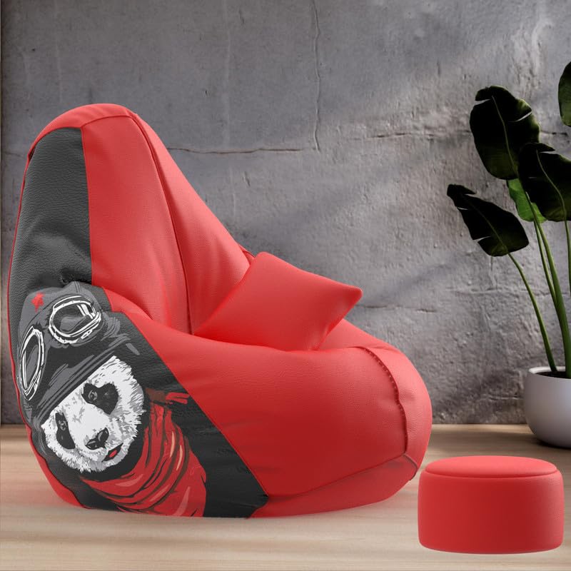 Image of Biggie Bean Bag Chair 5XL with Beans Filled-Pop Prints-Printed Designer Bags-Where Prints Meet Personality with Free Cushion & Footrest (Matching Color : Printed, Crazy Panda-Red)