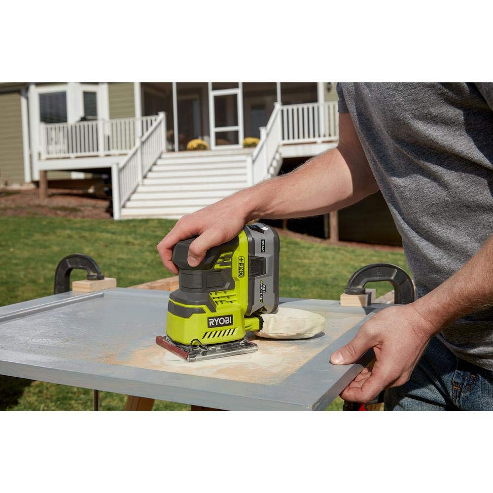 Ryobi P440 One+ 18V Litio Ion 12,000 RPM 1/4 hoja lijadora de palma con bolsa de polvo incorporada y almohadillas de lijado incluidas (batería no incluida, solo herramienta eléctrica)