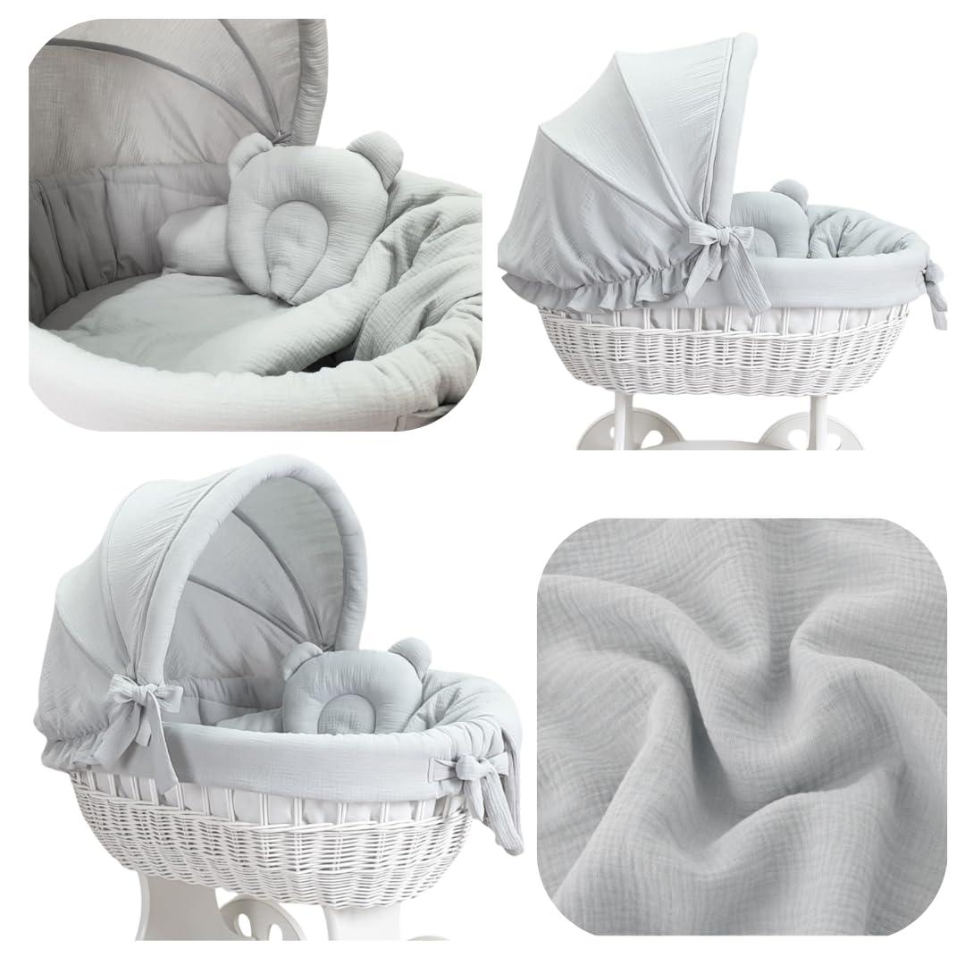 Wiklinopol Baby Bettwäsche Set 5-teilig Musselin Verdeck 110 cm Grau | Stubenwagen Bezug Set, Babybettwäsche aus 100% Baumwolle, Decke 70x80 cm, Kissen 25x30 cm, Spannbettlaken, Einlage Ø 260 cm