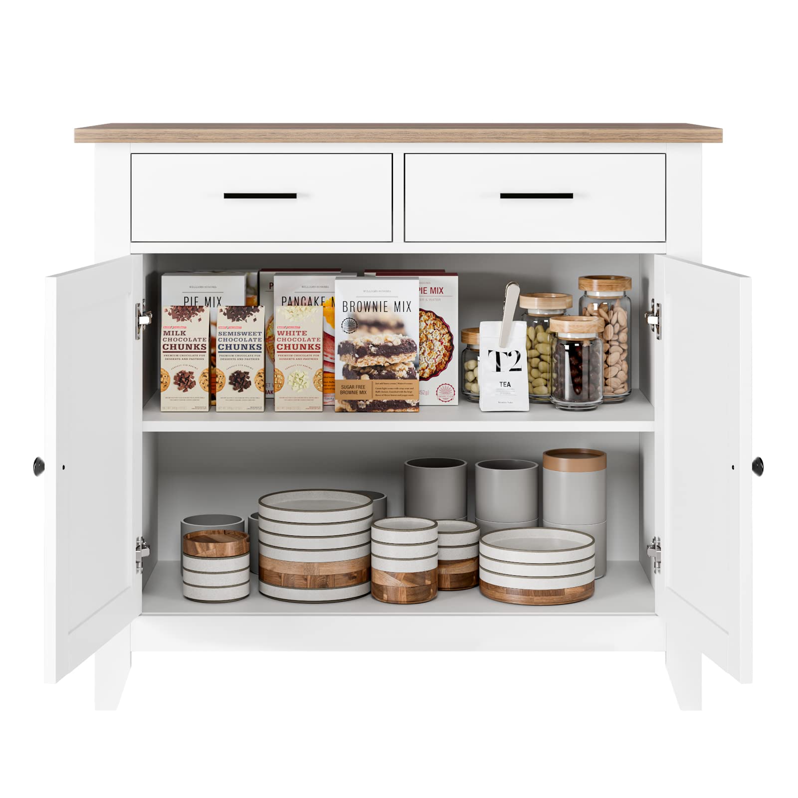 HOCSOK Küchenschrank mit Arbeitsplatte, Sideboard mit 2 Schubladen und 2 Türen, Buffetschrank für Küche, Wohnzimmer, Esszimmer, Flur, Holz, Landhausstil