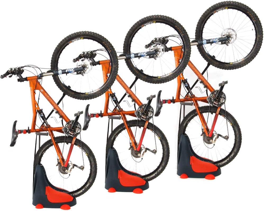 Roll & Store Space Saving Bike Stand for Indoor & Outdoor, Suits All Bicycle Types (MTB, Road, Cruiser, BMX), Built-in Side Storage Units, No Mounting Required, 2 Positions: Vertical and Horizontal.