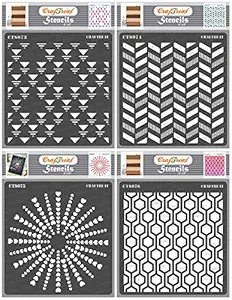 Pattern Stencils for Fabric Painting - Memphis Triangle, Striped Herrringbone, Heart Dart and Connected Hexagon (4 Pcs) - Size: 6X6 Inches - Geometric Stencils for Craft and Art