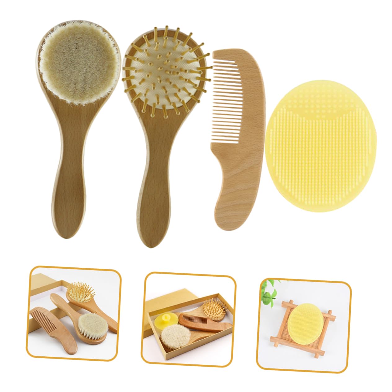HANABASS Newborn Baby Hair Brush Set Wool Brush Wooden Comb Silicone Scrubber for Gentle Grooming