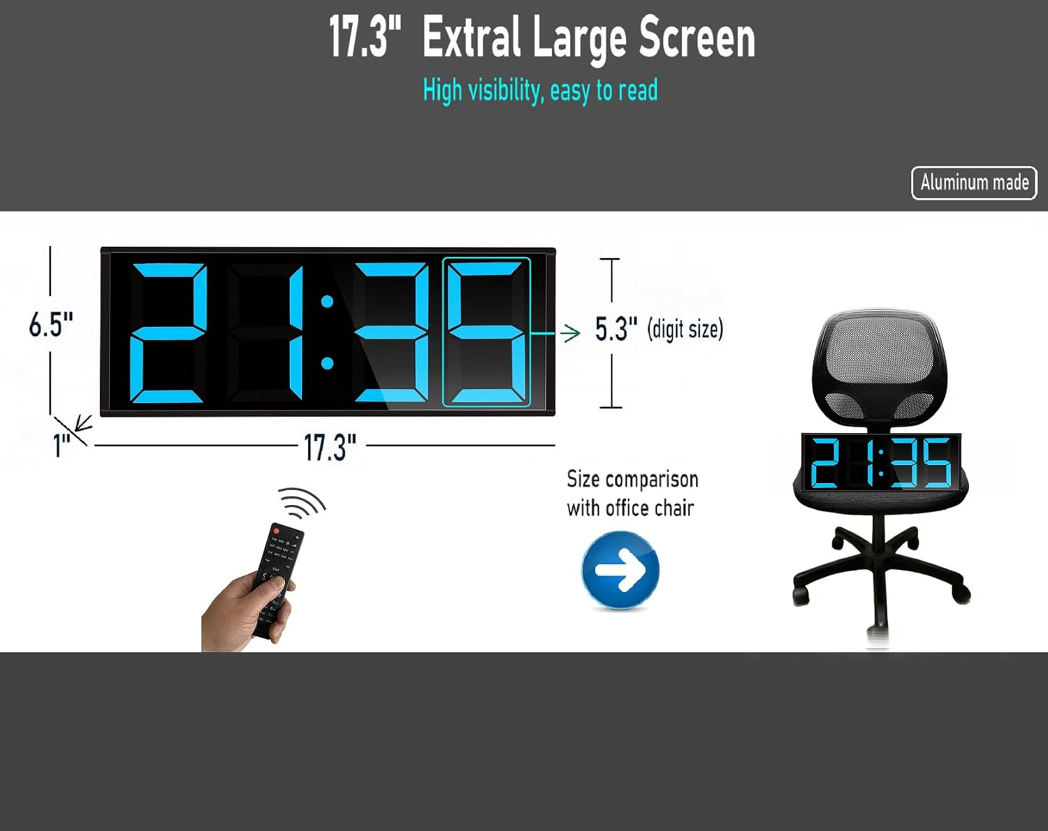 17.3'' Extra Large Home Gym Timer Clock, Programable Workout Interval Timer, Digital Wall Clock, with 7-Color Night Light, 8 Alarm Clocks, Calendar/Temperature, Countdown & Stopwatch (Blue)