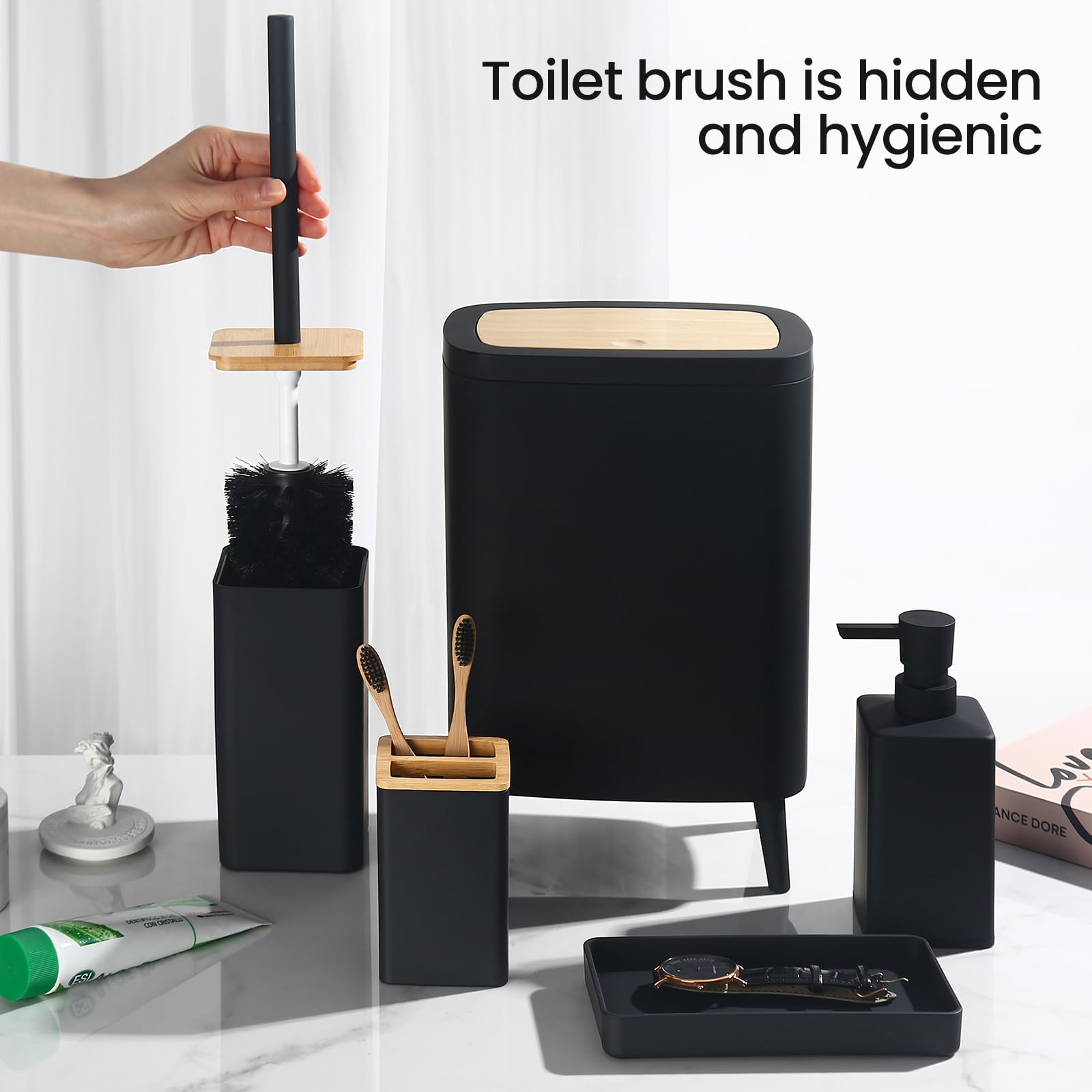 Set Bagno Accessori Completo Nero, Accessori Bagno Bamboo 5 pezzi - Pattumiera Bagno con Gambe, Dispenser Sapone e Porta Spazzolini, Scopino e Porta, Vassoio da Vanity (Nero)
