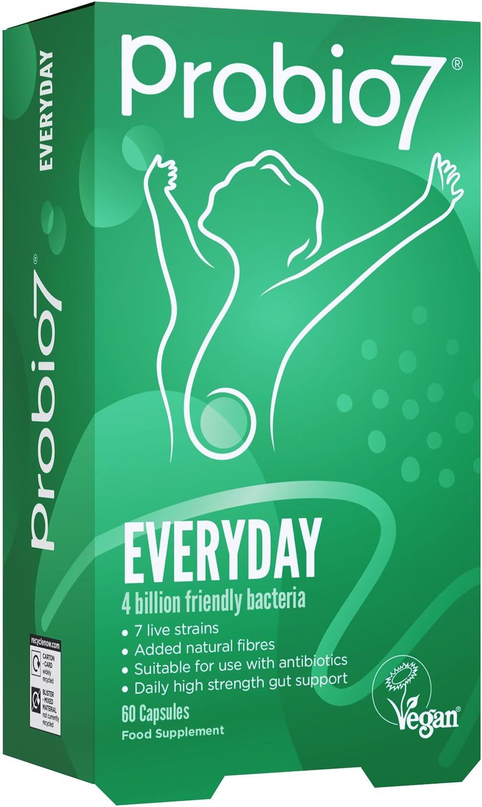 Probio7 Everyday Probiotics for Gut Health | 7 Live Strains, 4 Billion CFU, 2 Types of Natural Fibre | Daily Gut Health Support - 60 Capsules (2 Months Supply)
